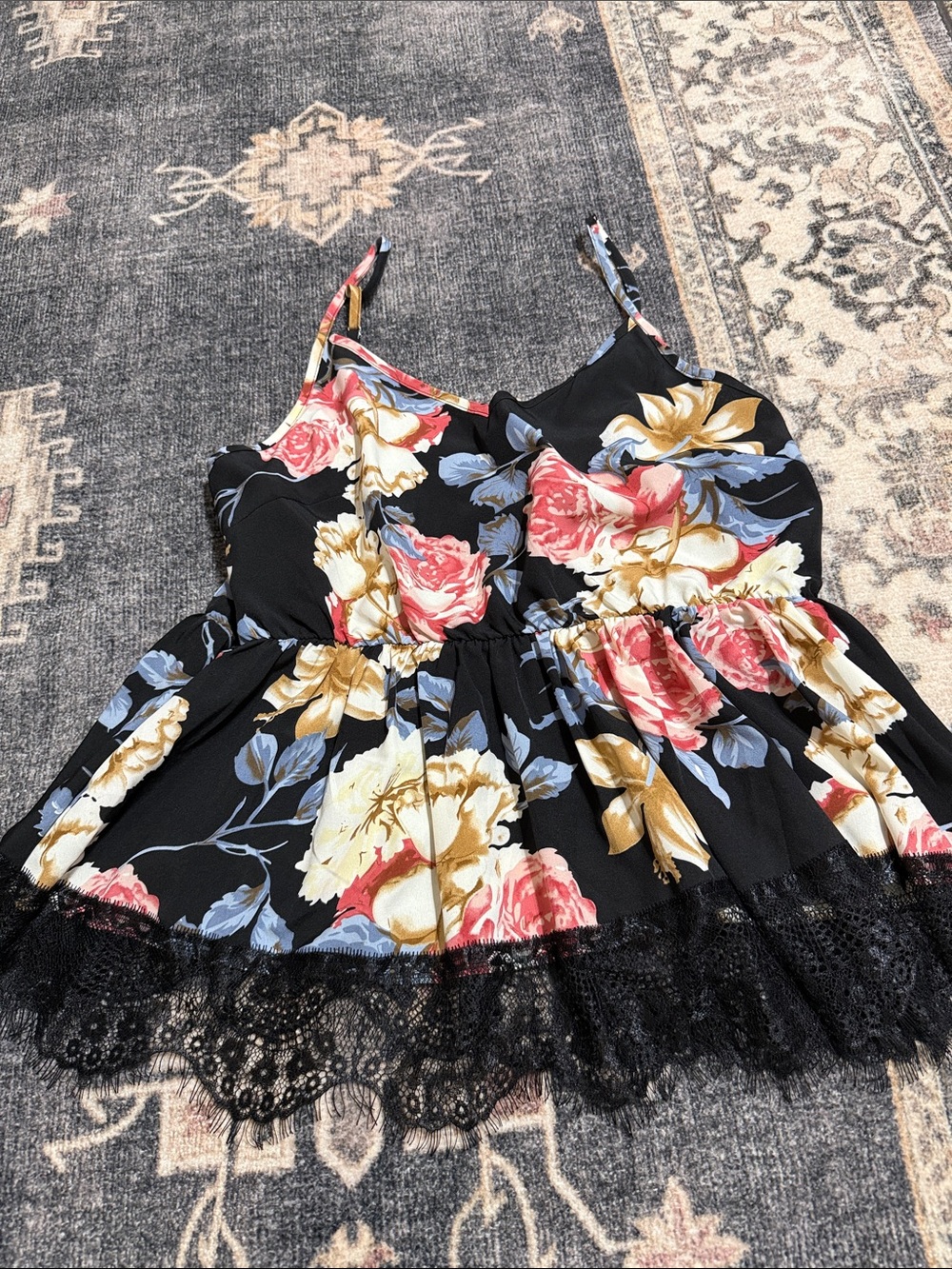 Girls Black Floral Lace-Trim Tank Top